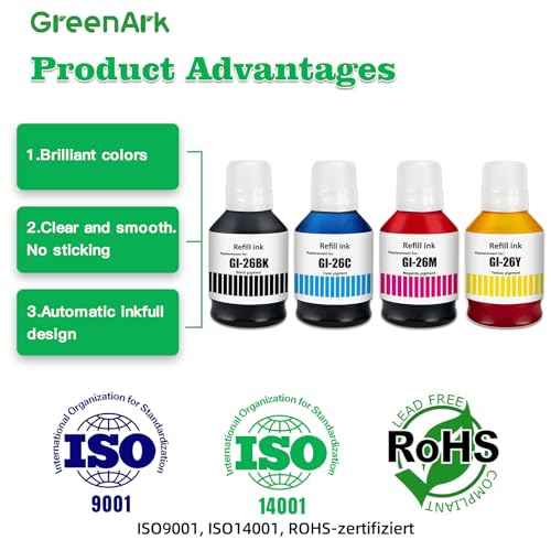 GREENARK GI-26 GI26 Ink Compatible for Canon GI-26 Refill Bottle Ink Replacement for Canon MAXIFY GX3020 GX4020 GX5020 GX5520X GX6020 GX6021 GX7020 GX7020X GX7021 (4 Packs,Black Cyan Magenta Yellow)