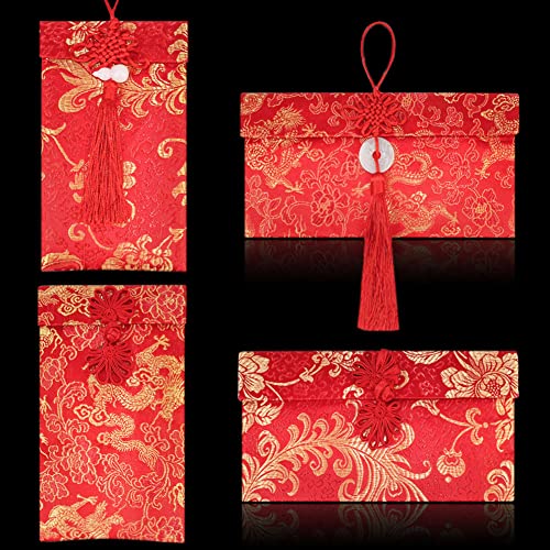 4 Pieces Red Silk Envelope Set with Chinese Knot Jade Pendant Lucky Money Hong Bao for Spring Festival & Weddings - Variation 4