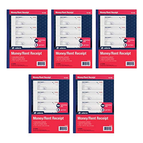Adams 7-5/8 x 10-7/8" Money & Rent Receipt Books, 3-Part Carbonless, 100 Sets/Book, 5 Books/Pack