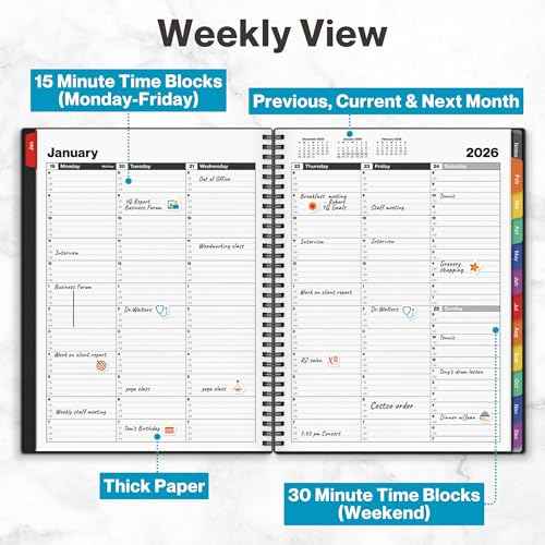 Dunwell Daily Planner 2026, 8.5x11 Appointment Book, 15-Min Hourly Schedule, Jan to Dec 2026, Large Planner with Colorful Tabs, Premium Paper Quality with Notes