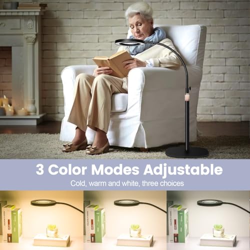 10X Magnifying Glass with Light and Stand,NUEYiO 3-Color Stepless Dimmable LED Magnifying Floor Lamp, 24" Gooseneck Adjustable Swing Arm Lighted Magnifier Lamp with Clamp for Reading Craft Esthetican