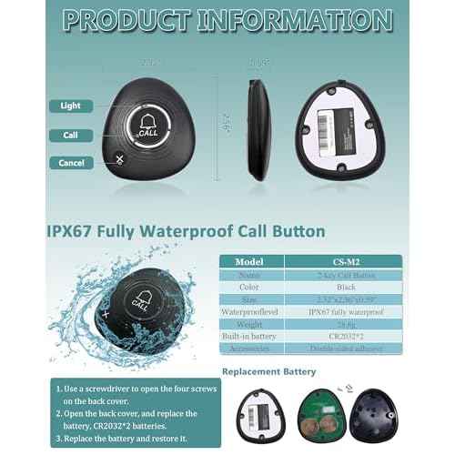Wireless Restaurant Pager System Calling System with 1 Waterproof Watch Pager and 2 Call Buttons with Cancel Key
