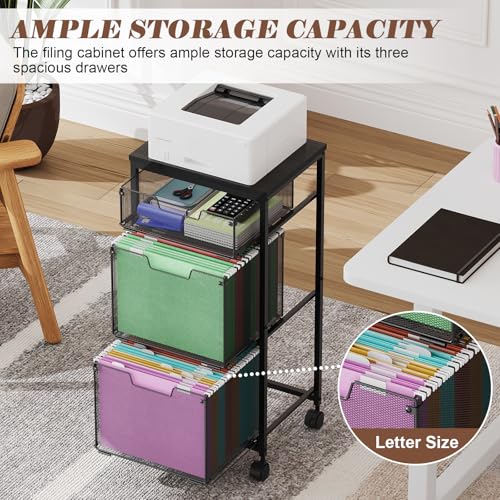 Sbanmao 3-Drawer Mobile File Cabinet with Locking Wheels - Hanging File Folders, Printer Stand, Black (1 Small + 2 Large Drawers)