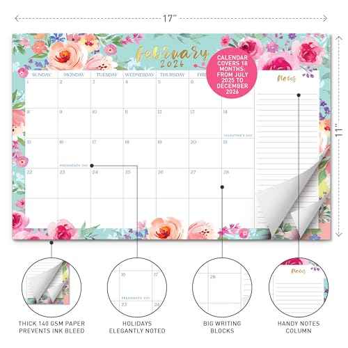 S&O Watercolor Floral Large Desk Calendar from July 2025 to Dec 2026 - Tear-Away Table Calendar 2025-2026 - Desktop Blotter - Academic Desk Planner - Desk Pad Large - 11x17in