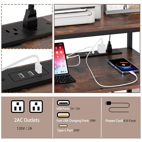 TQVAI Large Printer Stand 4 Tier Adjustable Heavy Duty 3D Printer Table with Storage & Power Outlet for Home Office Heat Press Stand, Black/Antique