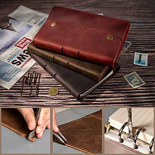 Premium Leather Refillable Journal - Handmade 6 Ring Real Leather Notebook with A6 Fill Paper, 7.28x5 Inches Brown Vintage Diary for Travel and Business Lovely Christmas Gift Journals