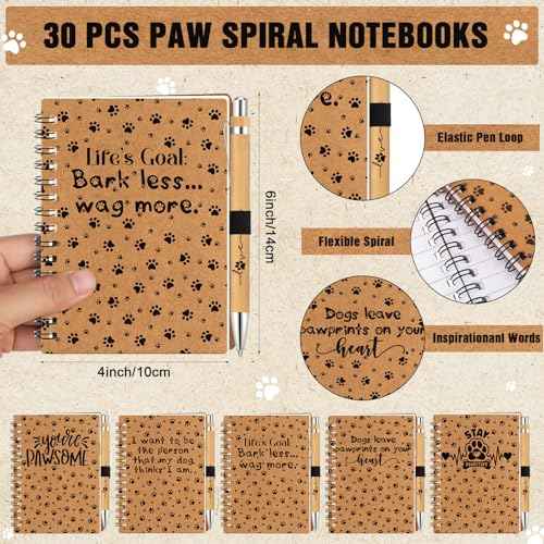 Eaasty 30 Set Vet Tech Christmas Appreciation Gifts Bulk Veterinary Technician Spiral Notebooks with Cute Paw Ballpoint Pen Accessories for Veterinary Receptionist Assistant Gift(Brown)