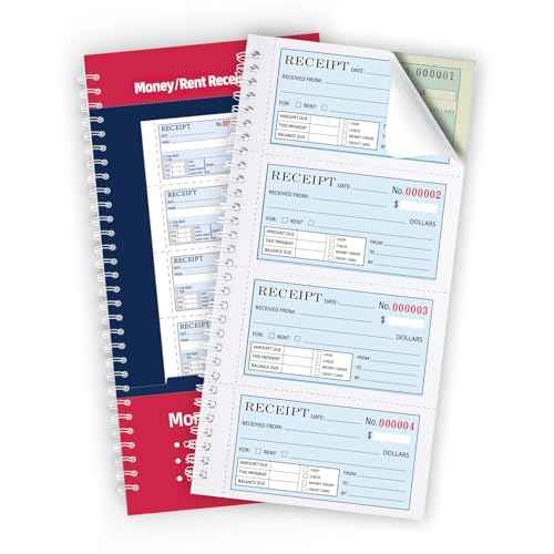 Zzrywuty Money and Rent Receipt Book with Cardboard Insert,2-Part Carbonless,5.3¡±x11.2¡± Spiral Bound,200 Sets per Book,4 Receipts per Page for Office Supplier,Rent and Cash Transaction