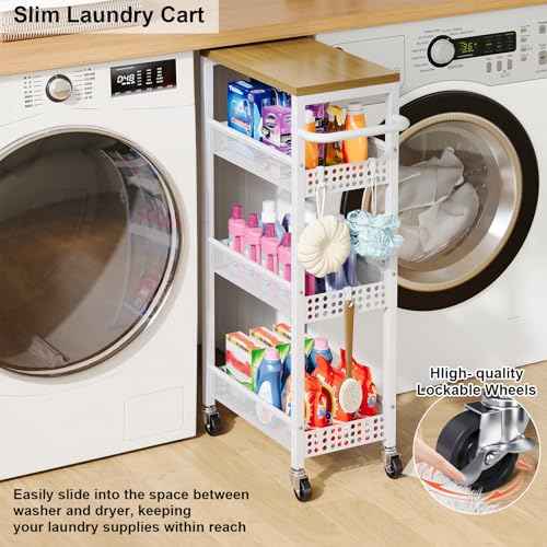 Slim Storage Cart 4 Tier Fruit and Vegetable Baskets for Kitchen Small Space, Narrow Rolling Cart on Wheels with Wooden Top and Metal Handle for Pantry, Bathroom, Laundry Room