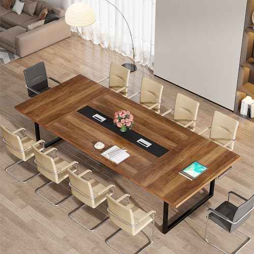 Tribesigns 8FT Conference Table, 94.49 L x 47.24 W x 29.53 H Inches Large Meeting Podcast Table for 10 People, Business Style Wooden Training Table with Strong Metal Frame for Office Conference