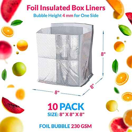 ABC 10 Pack Double Layer Foil Insulated Box Liners 8 x 8 x 8 inches. Silver Shipping Boxes for Frozen Food, Odorless Insulated Containers. Leakproof Cold Shipping Boxes for Frozen Fish, Meat