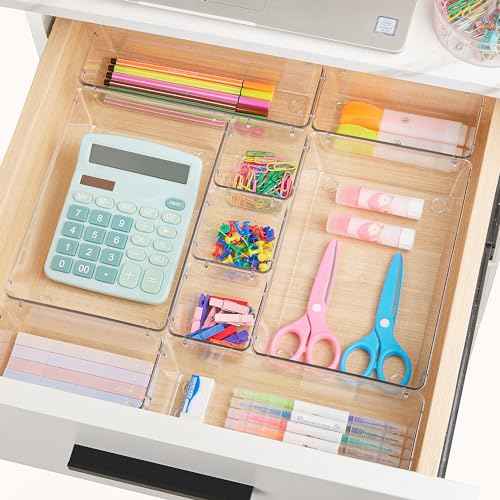 Vtopmart 44 PCS Clear Plastic Drawer Organizers Set, 4-Size Versatile Bathroom and Vanity Organizer Trays, Non-Slip Storage Containers for Makeup, Jewelries, Bedroom£¬Kitchen Utensils and Office