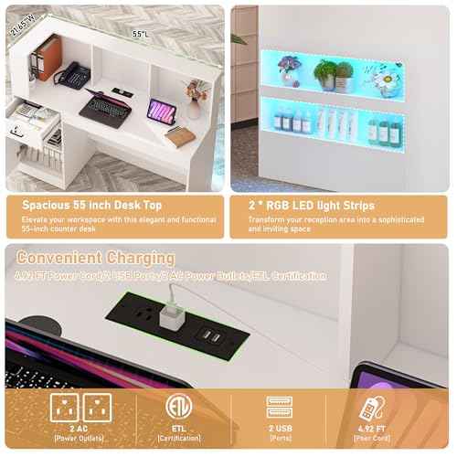 55" Reception Desk with LED Lights Power Outlets,L-Shaped Modern Front Desk Reception Room Table with Cable Grommet,Lockable Drawers,Retail Checkout Counter for Lobby,Salon,Home Office Desk,White