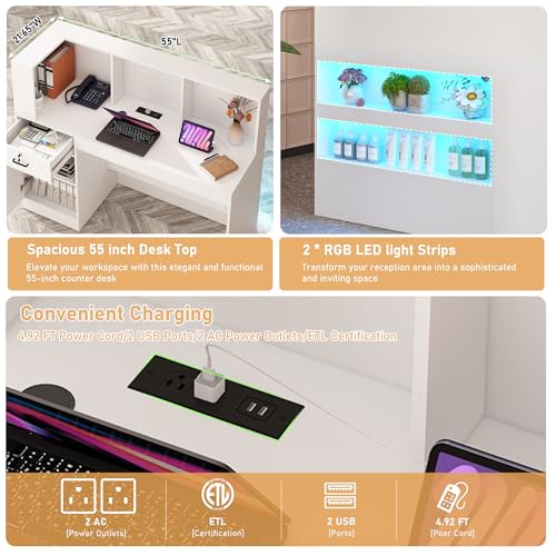Hlivelood White 55-Inch Reception Desk with LED Lights, Lockable Drawers & Power Outlets