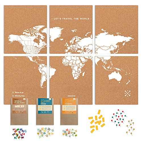 Push Pin Travel Map Kit Includes: Cork World Travel Map, World Flags, Monument and Food Stickers, for Travelers (White, L (17.7 x 23.6 inches)) (White, Puzzle XL Premium)