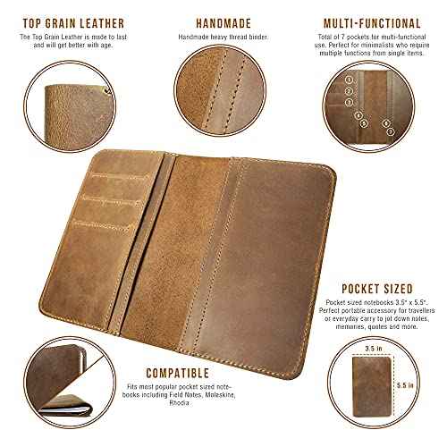 Jack's Point Leather Field Notes Cover for Memo - Pocket Sized Notebook, fits 3.5¡± x 5.5¡± Notebooks, Hand Stitched Brown Real Top Grain Leather, Multiple Pockets for Extra Functionality
