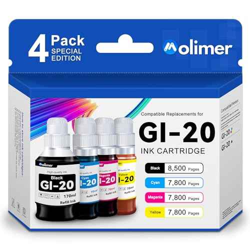 GI-20 GI20 Ink Refill Bottles Kit Replacement for Canon GI-20 Ink Cartridge with G6020 G5020 G7020 Printer, GI20 Ink Bottles 4 Pack (170mL Black Ink Refill, 70mL Cyan Magenta Yellow)