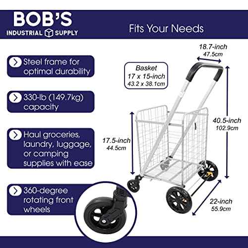 BISupply Foldable Shopping Cart with 360¡Æ Swivel Castor Wheels - Lightweight Heavy Duty Utility Grocery Cart with 330 lbs Weight Capacity for Groceries, Laundry, Luggage, Travel, and Tailgating