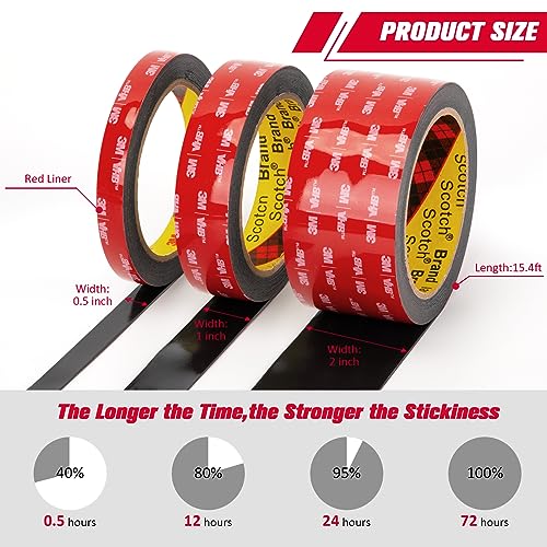 3M 5925 Heavy Duty Double Sided Tape 0.5" x 15.4 ft - Black Mounting Tape (Bulina 1 pack, 0.5"x15.4ft)