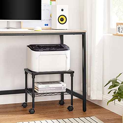 SONGMICS 3 Tier Wide Printer Stand with Wheels, Rolling Printer Table Cart with Metal Storage Shelf, for Home and Office, 16.1 x 12.2 x 15 Inches, Black ULGR301B01