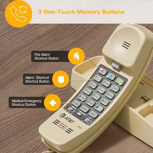 AT&T TRIMLINE 210 Corded Home Phone, No AC Power Required, Improved Easy-Wall-Mount, Lighted Big Button Keypad, 13 SpeedDial Keys, Last Number Redial, Mute, Flash, Volume Control, Beige
