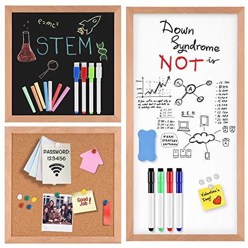 Magnetic Dry Erase White Board/Chalkboard/Cork Board, 3 in 1 Combination Board with Real Natural Wood Frame, 12" X 12" and 24" X 12"¡¦