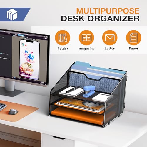 Letter Tray Organizer, Mesh Desk File Organizer with 3 Paper Trays and 2 Vertical Upright Section, Blank