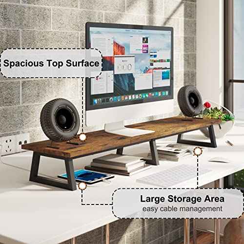 TEAMIX 42 inch Large [Dual] [Monitor] [Riser],Rustic Brown Extra Long TV [Stand Wood & Steel Desktop [Riser] with Storage for [Dual] Screen Office Desk Organization