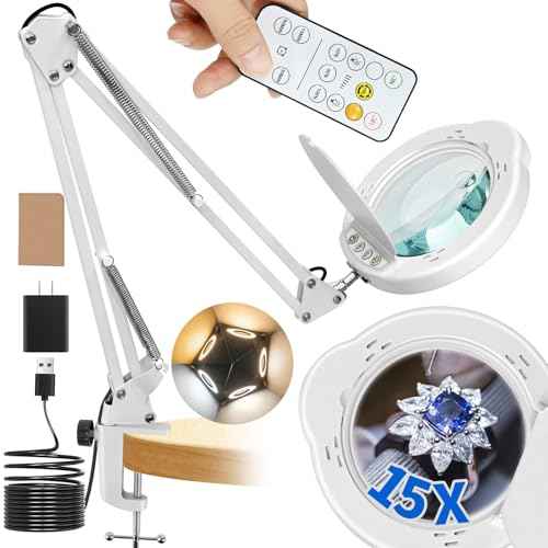 15x Magnifying Glass with Light and Clamp Stand - Long Arm Magnifying Lamp with Remote & Dust Cover - Hands-Free 5 Color Desktop LED Magnifier Lamp with Light for Reading, Crafts, Hobbies, Close Work