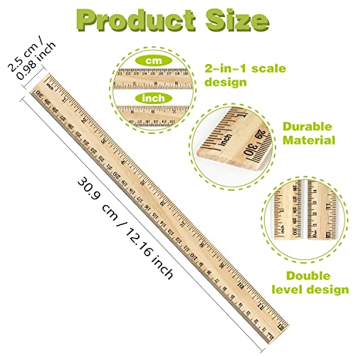 ZZTX 3 Pack Wooden Rulers 12 Inch (30 cm) Dual-Side Measuring Scales