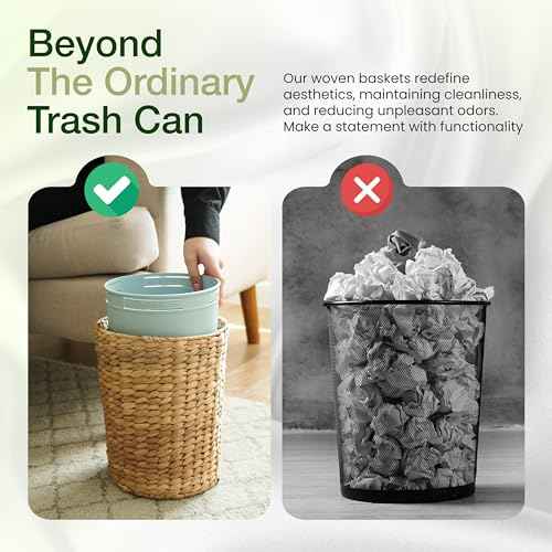2 Gallons Wicker Waste Basket - Water Hyacinth Bathroom Garbage Can with a Lid - Bathroom Trash Can Boho Style - Wicker Trash Can with Lid for Household, Kitchen - Removable Liner, Iron Frame