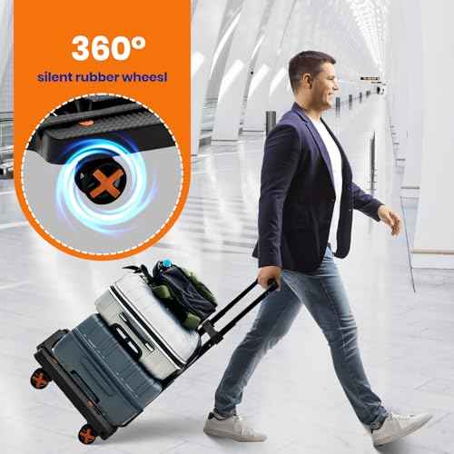 Folding Hand Truck, Dolly Cart with 4 Wheels & 2 Elastic Ropes, Adjustable Handle Foldable Dolly, Lightweight Portable Hand Cart for Luggage, Travel, Shopping, Moving, Airport, Office