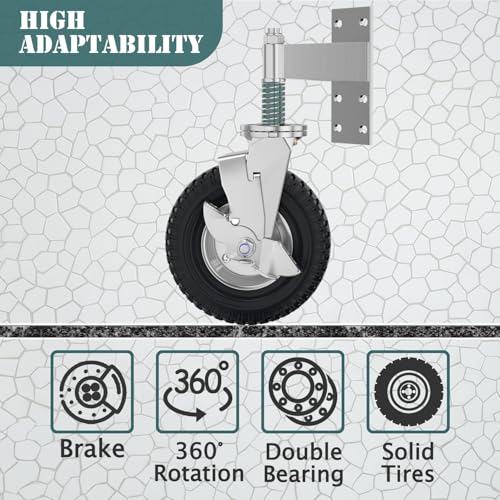 Gate Wheel with Brake, 8 Inch Wheel Diameter, 15.4 Inch Height, Suit for Metal Tube & Wooden Gates, 700lbs Capacity, Spring-Loaded Heavy Duty Rubber Casters, Silver
