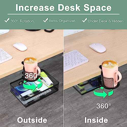 ROSYLINE 360¡Ærotation under desk drawer, Drawer Under Desk Storage Organizer, Rotary Desk Storage Organizer with Cup Holder, Clamp Drawer Basket, sturdy and durable (black)