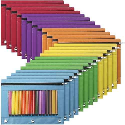 Marspark 48 PCS Pouch Bag for 3 Ring Binder - Bulk Zipper Pencil Binder Pouches with Clear Window for School Office Utensils Storage Supplies(Bright Color)