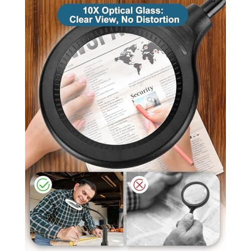 10X Magnifying Glass with Light and Stand, LED 5 Color Modes, Brightness Stepless Dimming Lighted Magnifier Hands Free, Flexible Gooseneck Desk Lamp with Clamp for Close Works, Crafts, Hobby, Painting