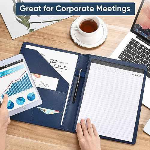 Pacific Mailer Padfolio Portfolio Leather Binder, Interview Legal Document Organizer, Business Card Holder Included Letter Sized Writing Pad [Blue, Piano Noir Faux Leather Matte Finish]