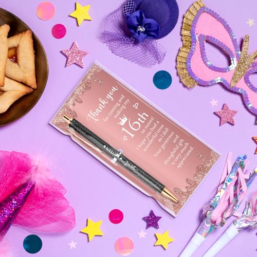 25 Sets Sweet 16th Birthday Party Favors for Guests, Include Sweet Sixteen Glitter Ballpoint Pens with Thank You Cards, Thank You for Coming to My 16 Years Birthday Party Supplies (Classic)