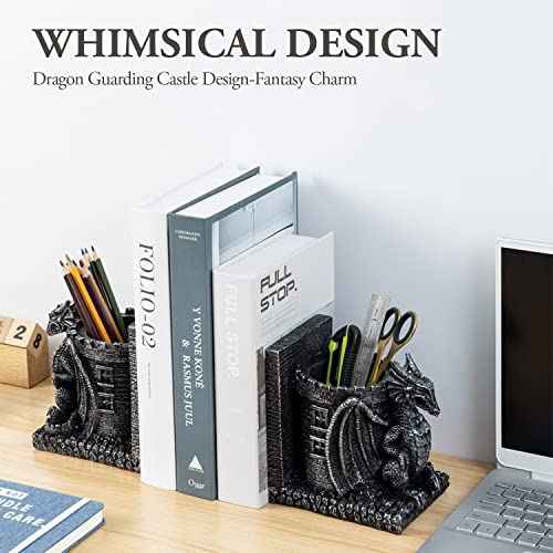 Bookends Dragon, Gothic Black Resin Dragon Guarding Castle Pencil Cup Bookends, Office Desk Book Ends with Decorative Fantasy Dragons and Stone Tower Pen Holders, 1 Pair