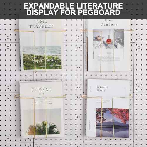 4 Pair Pegboard Display Shelves Expandable Width Metal Magazine Holder Hanging Wall File Organizer Pegboard Accessories Wall Decor for Pantry Exhibitions Trade Show Retail Store(Gold)