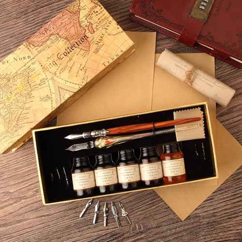 GC QUILL MU-02 Calligraphy Pen Set, Glass Dip Pen and Handcrafted Wooden Dip Pen Gift Set with 5 Colors Calligraphy Ink 6 Nibs, Calligraphy Set for Beginners