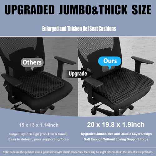 20" Gel Seat Cushion for Long Sitting(Jumbo&Thick) ? Office Chair Cushion ? Wheelchair Cushions for Pressure Sores ? Non-Slip Desk Chair Car Seat Cushion Driving ? Sciatica & Back Pain Relief