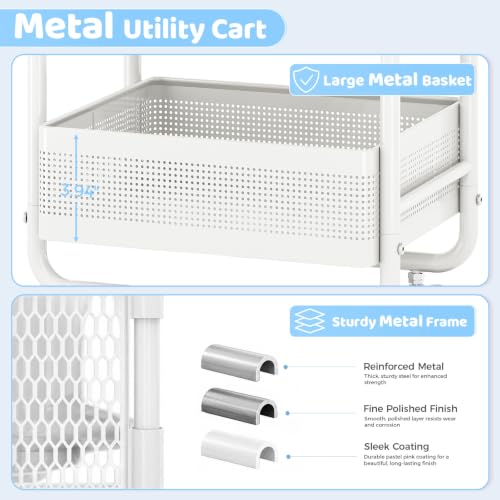 KINGRACK 3-Tier Rolling Cart with Drawer (White) – Metal Utility Storage Cart with Pegboard