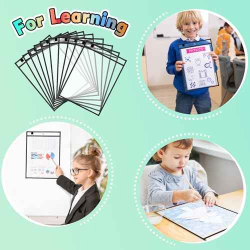 50 Packs Dry Erase Pocket Sleeves with 2-Ring, Reusable Clear Plastic Classroom Sleeves, 10x14 Inch Ticket Holders, Plastic Sleeves for School/Office Organization