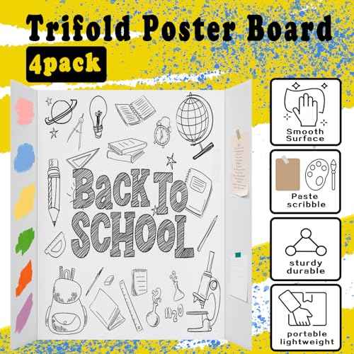 4 Pcs Medium Trifold Poster Board, 26.2" x 17.2" Presentation Board, with Double Sided Tapes and Cardboard, White Corrugated Project Boards/Science Fair/Trifold Display Board for School Project