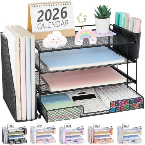 Black 4-Tier Desk Organizer with Drawer & Pen Holders - Office Storage Solution