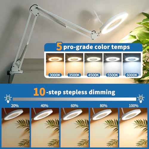 15x Magnifying Glass with Light and Clamp Stand - Long Arm Magnifying Lamp with Remote & Dust Cover - Hands-Free 5 Color Desktop LED Magnifier Lamp with Light for Reading, Crafts, Hobbies, Close Work