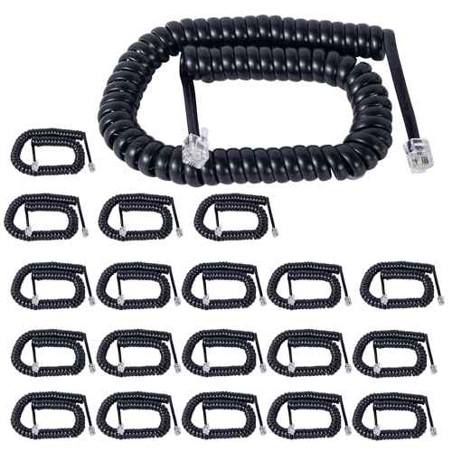 Telephone Phone Handset Cable Cord,Coiled Wire 20 Pack 8Ft Uncoiled / 1.4Ft Coiled Landline Phone Handset Cable RJ9 4P4C Telephone Accessory Black-20pack