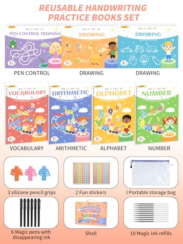Zuplo Reusable Magic Grooved Writing Practice Set for Kids Ages 3-8 - 7-in-1 Handwriting & Drawing Workbook with Magic Pens & Accessories (Variation 1)