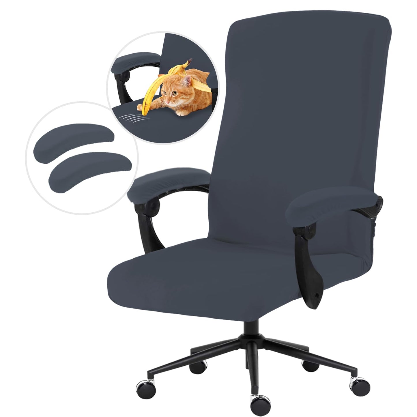 Stretch Computer Office Chair Cover with Armrest Covers Durable Zipper Universal Washable Removable Spandex Rotating Boss Chair Slipcovers Anti-dust Soft Desk Chair Seat Protector, Dark Gray